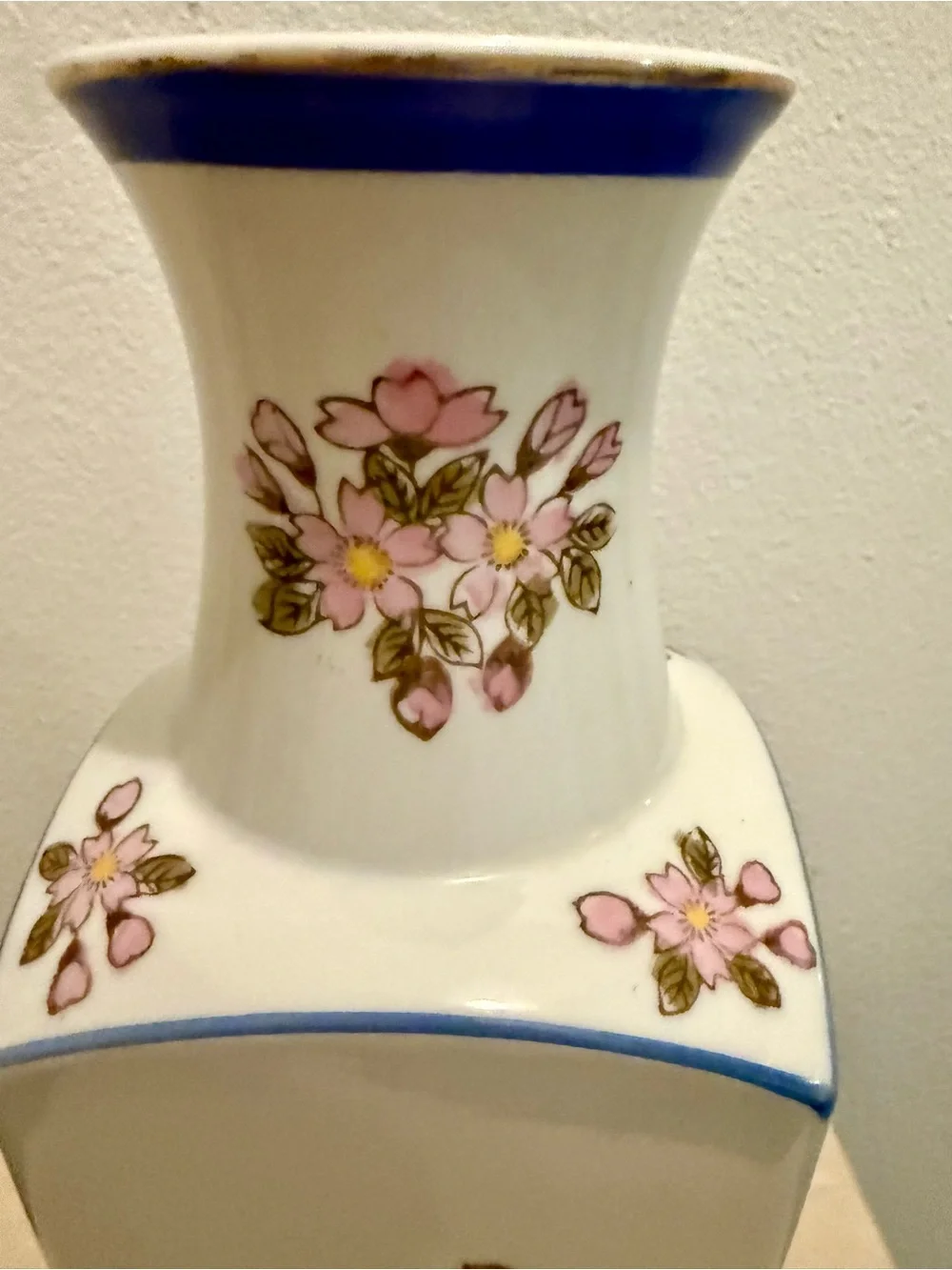 Japanese 12.25” vase. White porcelain hand-painted cherry blossoms & gold rim.